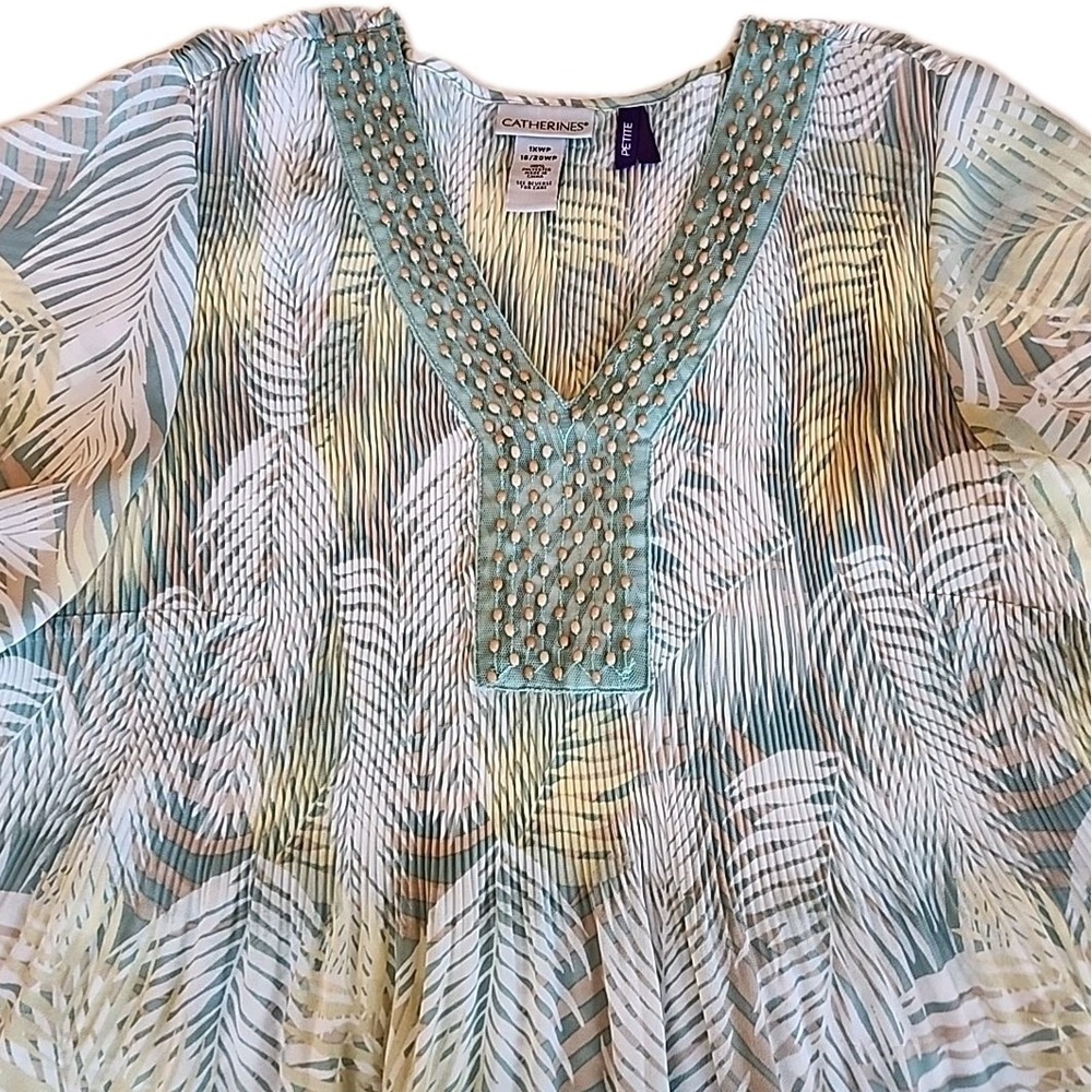 Catherines Beaded Flutter Sleeve Crinkle Blouse Boho Tropical Resort Top Sz 1XP